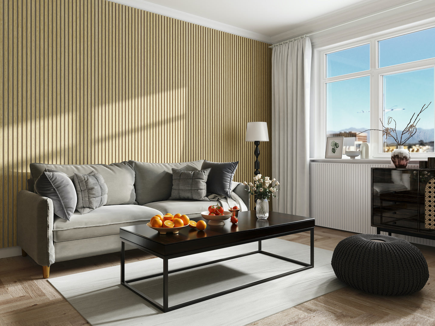 WallParta American Oak Grey Felt Acoustic Slat Wood Vaneer Wall Panels
