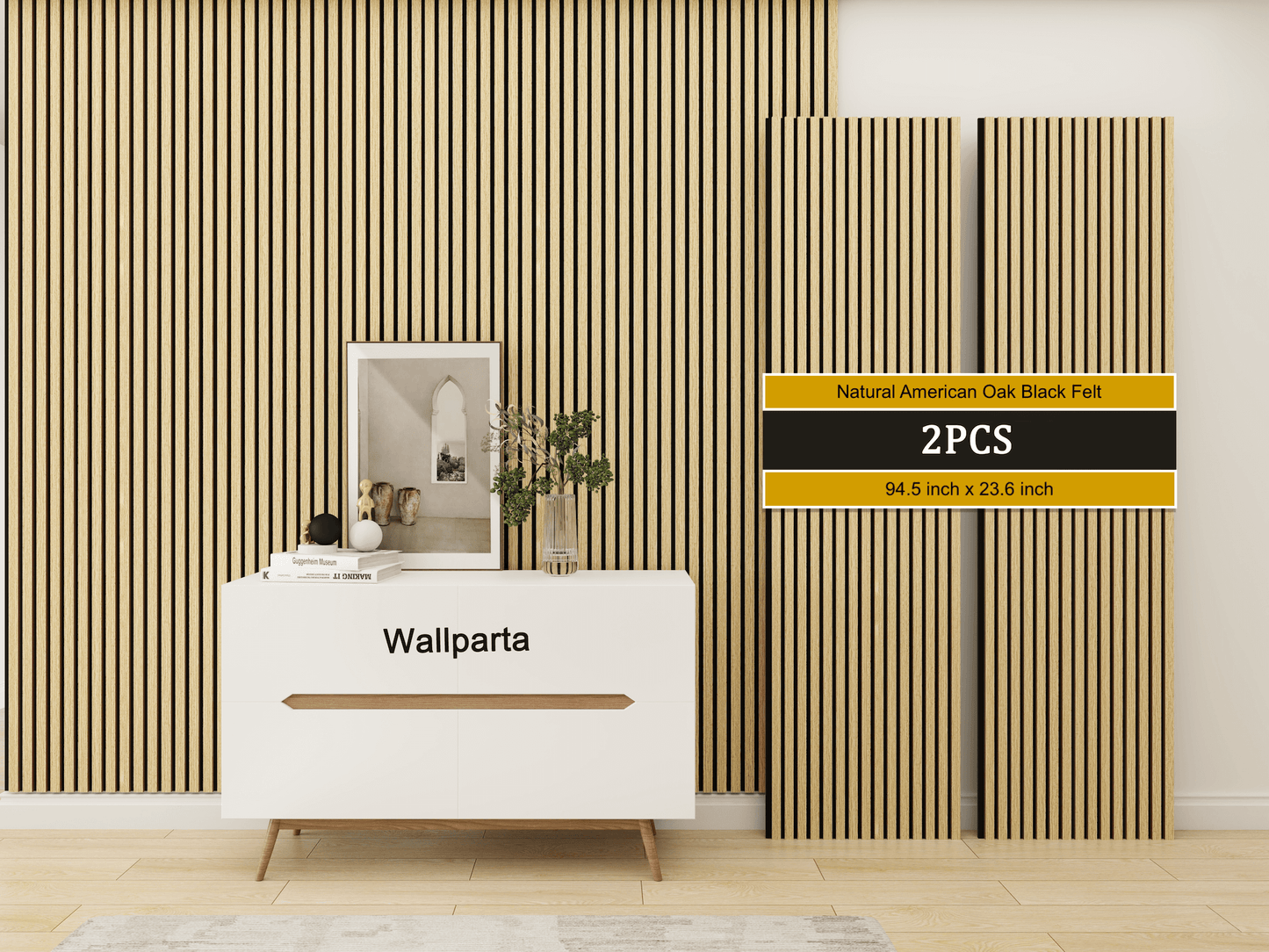 Natural American Oak Black Felt Acoustic Slat Wood Panels - 2 Pack