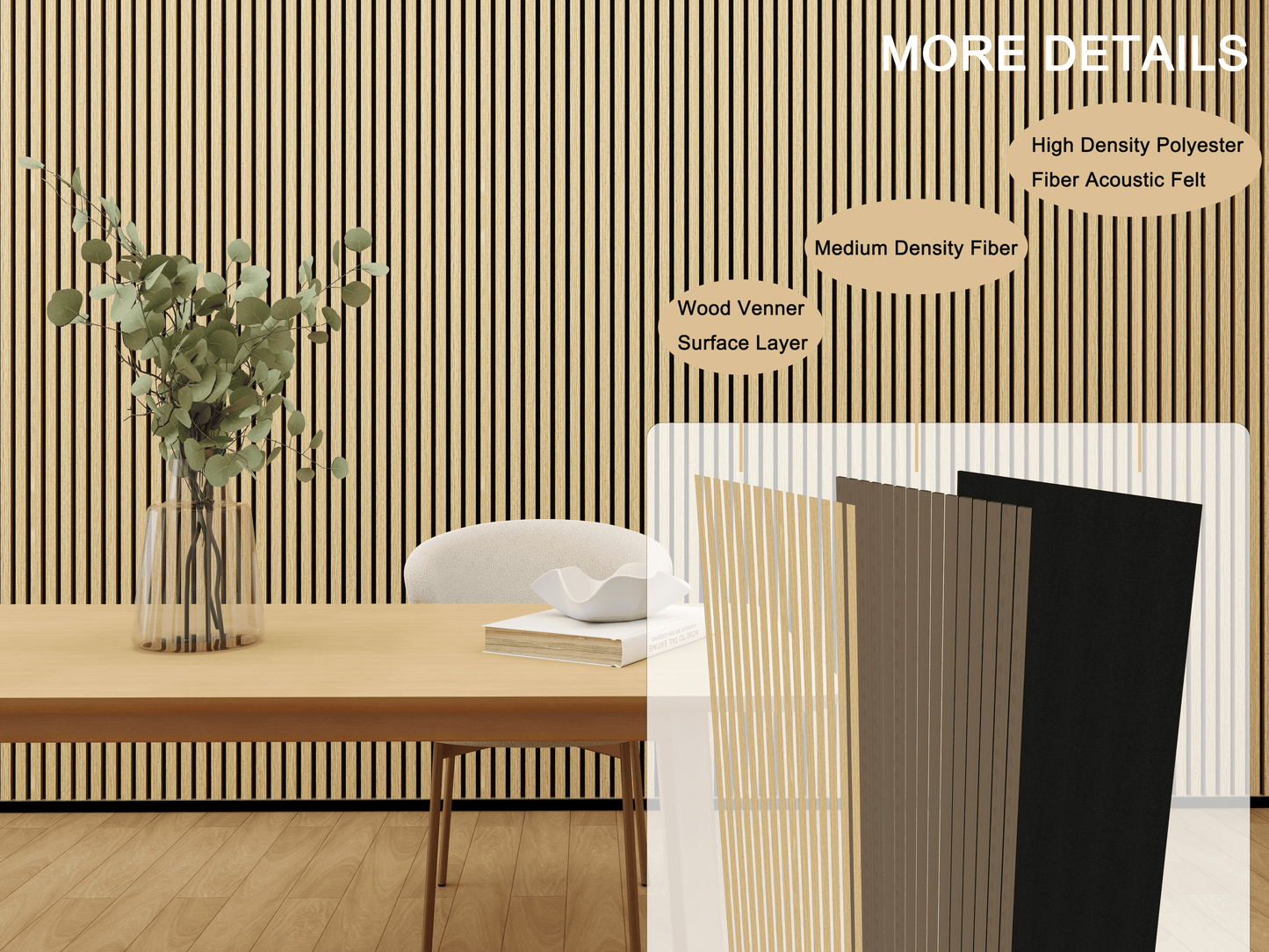 Natural American Oak Black Felt Acoustic Slat Wood Panels - 2 Pack