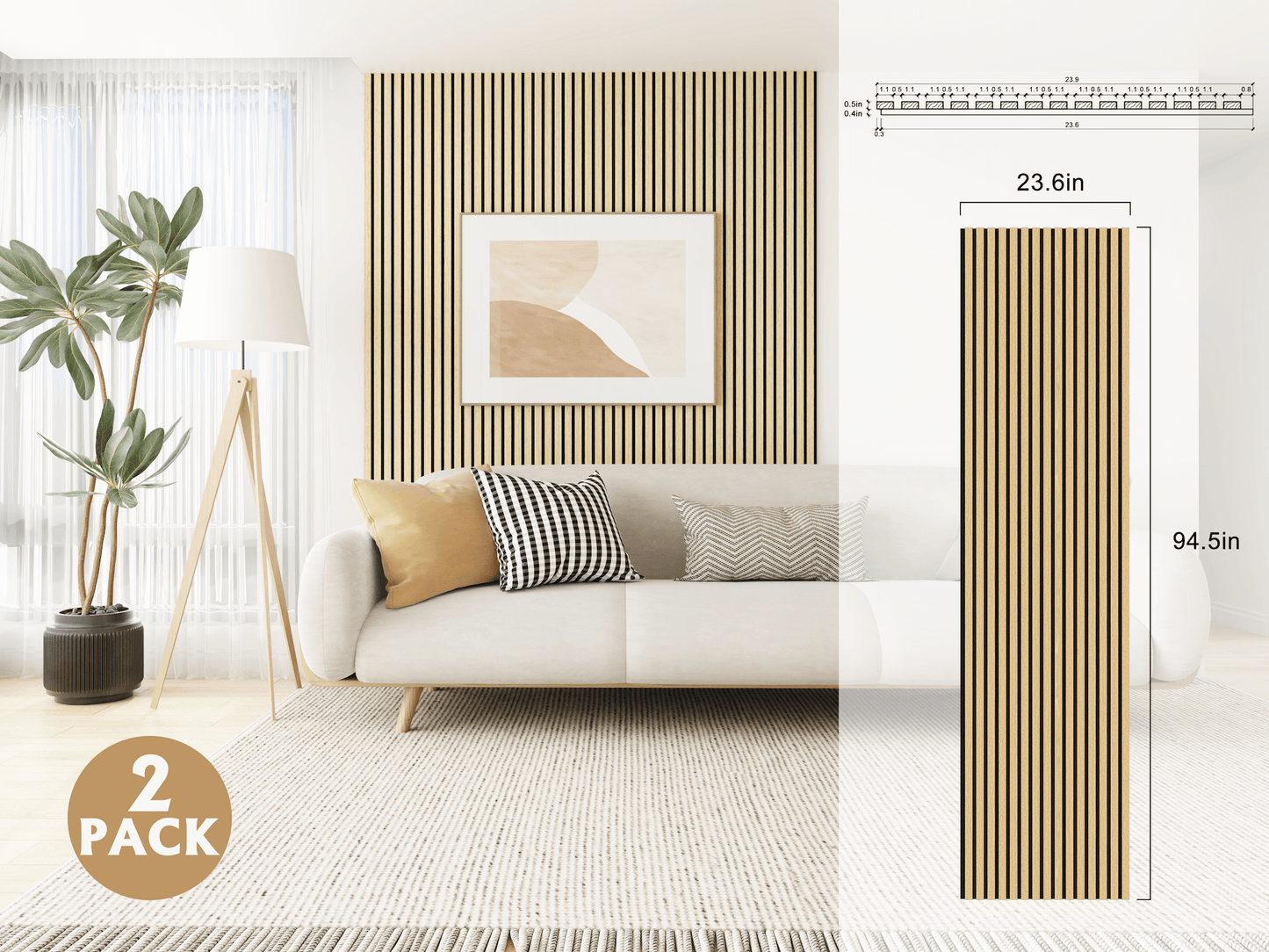 Natural American Oak Black Felt Acoustic Slat Wood Panels - 2 Pack