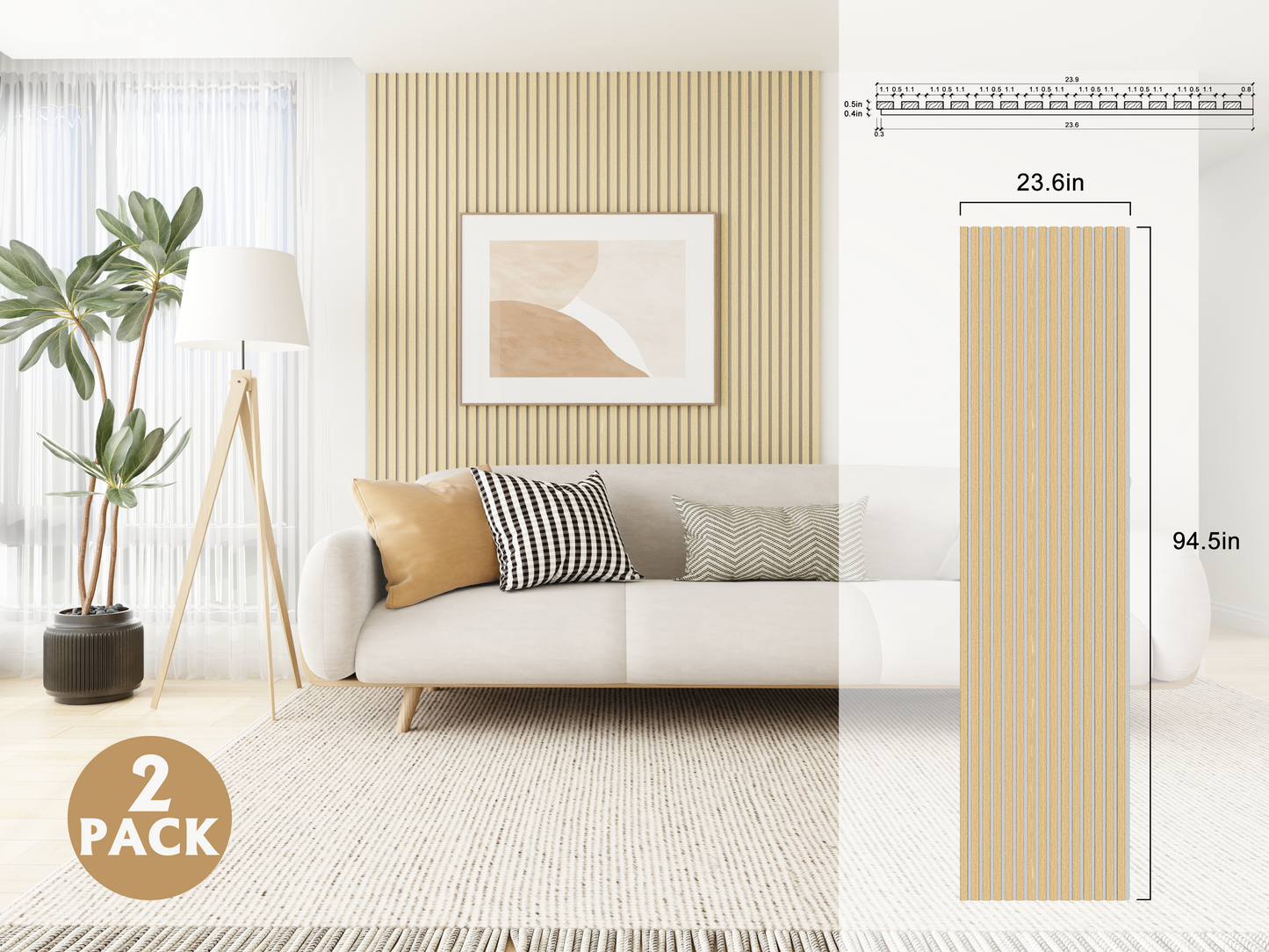 Natural American Oak Grey Felt Acoustic Slat Wood Panels - 2 Pack